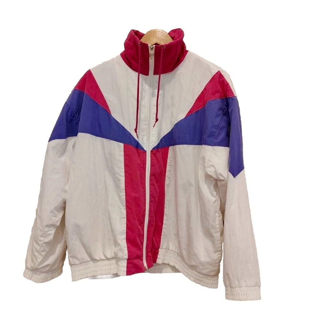 VTG 80s Colorblock Womens Full Zip Jacket Sz XL Taiwan ROC Purple & Pink